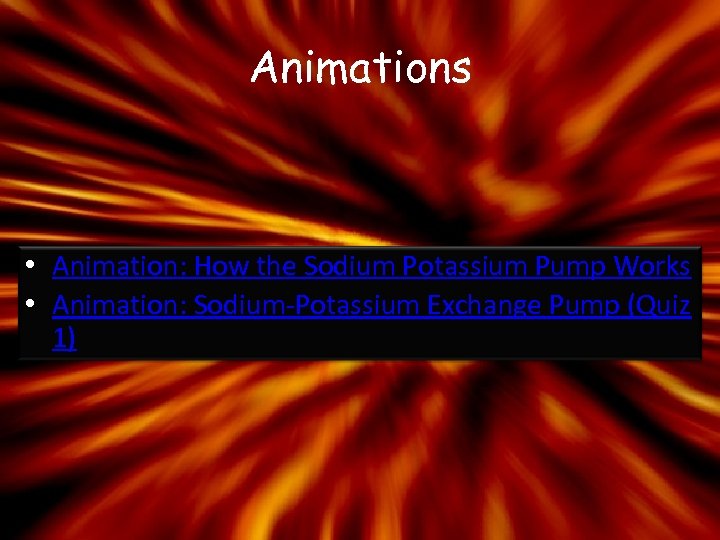 Animations • Animation: How the Sodium Potassium Pump Works • Animation: Sodium-Potassium Exchange Pump