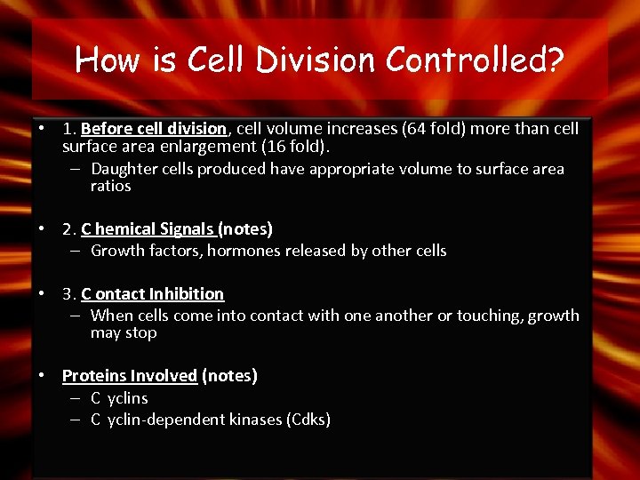 How is Cell Division Controlled? • 1. Before cell division, cell volume increases (64