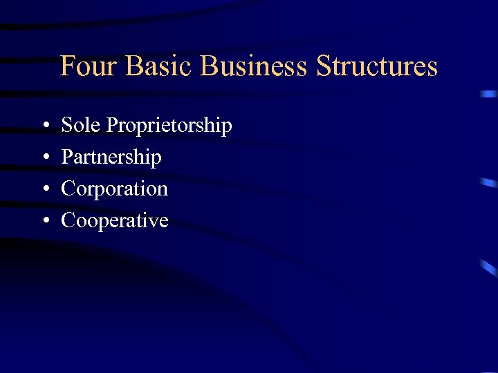 Four Basic Business Structures • • Sole Proprietorship Partnership Corporation Cooperative 