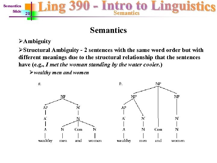 Semantics Slide 20 Semantics ØAmbiguity ØStructural Ambiguity - 2 sentences with the same word