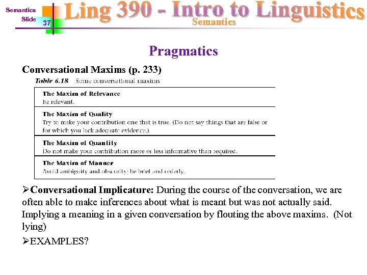 Semantics Slide Semantics 37 Pragmatics Conversational Maxims (p. 233) ØConversational Implicature: During the course