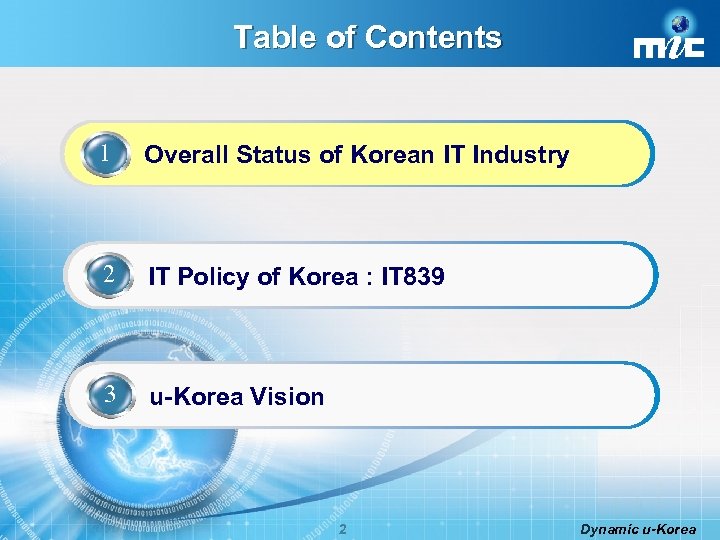 Table of Contents 1 Overall Status of Korean IT Industry 2 IT Policy of