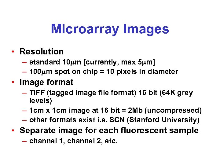 Microarray Images • Resolution – standard 10 m [currently, max 5 m] – 100