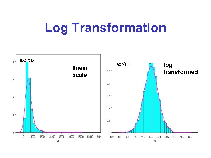 Log Transformation exp’t B linear scale exp’t B log transformed 