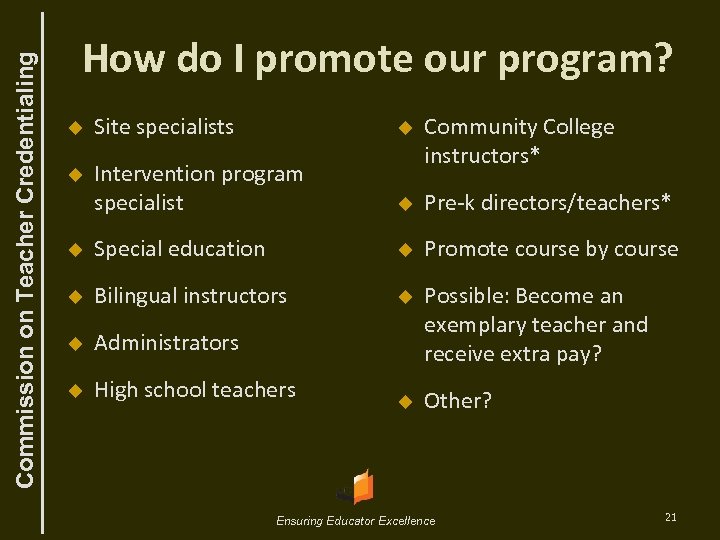 Commission on Teacher Credentialing How do I promote our program? u Site specialists u