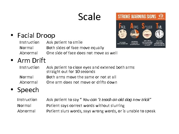 Scale • Facial Droop Instruction Normal Abnormal • Arm Drift Instruction Normal Abnormal Ask