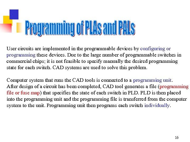 User circuits are implemented in the programmable devices by configuring or programming these devices.