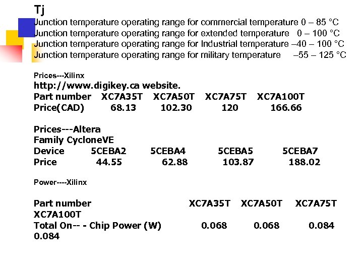 Tj Junction temperature operating range for commercial temperature 0 – 85 °C Junction temperature