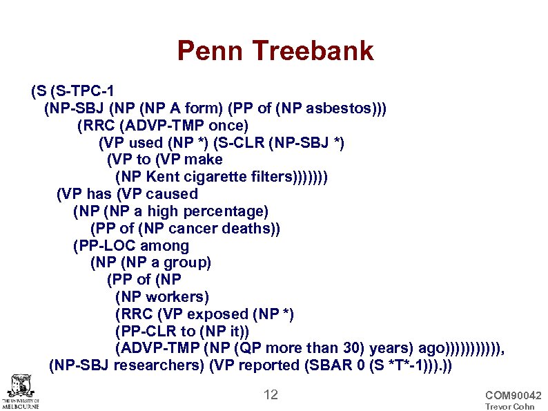 Penn Treebank (S (S-TPC-1 (NP-SBJ (NP A form) (PP of (NP asbestos))) (RRC (ADVP-TMP