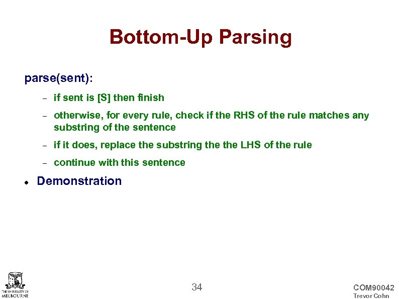 Bottom-Up Parsing parse(sent): otherwise, for every rule, check if the RHS of the rule