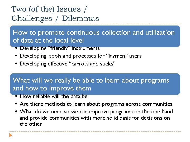 Two (of the) Issues / Challenges / Dilemmas How to promote continuous collection and