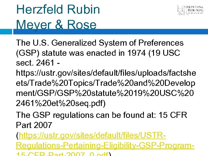 Herzfeld Rubin Meyer & Rose The U. S. Generalized System of Preferences (GSP) statute