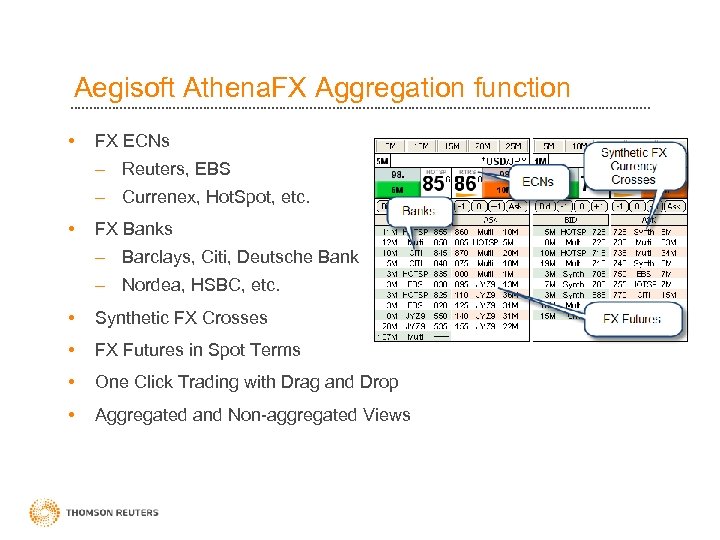 Aegisoft Athena. FX Aggregation function • FX ECNs – Reuters, EBS – Currenex, Hot.