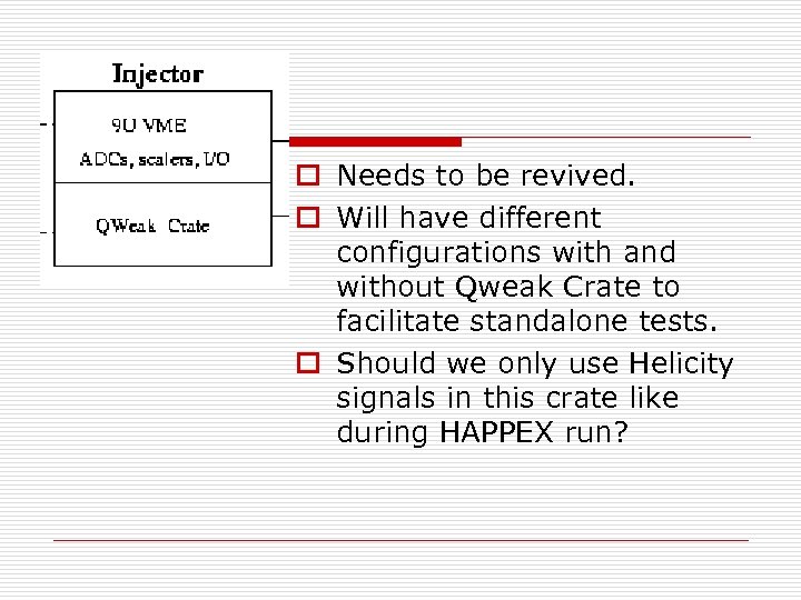 o Needs to be revived. o Will have different configurations with and without Qweak