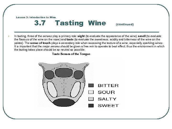 Lesson 3: Introduction to Wine 3. 7 l Tasting Wine (continued) In tasting, three
