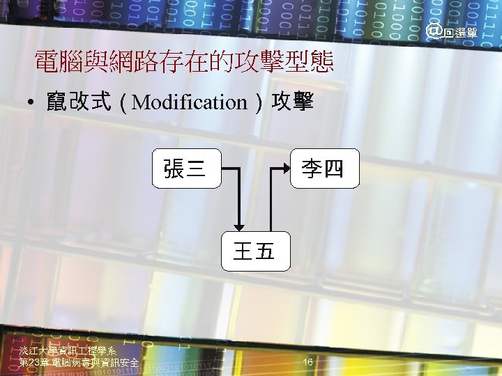 電腦與網路存在的攻擊型態 • 竄改式（Modification）攻擊 張三 李四 王五 淡江大學資訊 程學系 第 23章 電腦病毒與資訊安全 16 