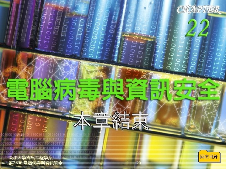 淡江大學資訊 程學系 第 23章 電腦病毒與資訊安全 回主目錄 29 