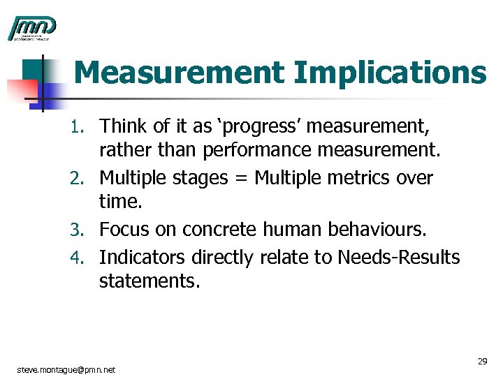 Measurement Implications 1. Think of it as ‘progress’ measurement, rather than performance measurement. 2.