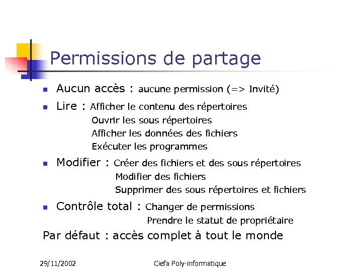 Permissions de partage n Aucun accès : aucune permission (=> Invité) n Lire :