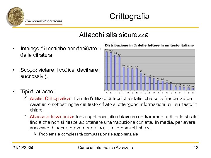 Crittografia Attacchi alla sicurezza • Impiego di tecniche per decifrare un messaggio senza conoscere