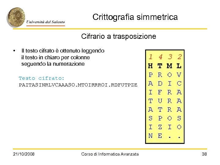 Crittografia simmetrica Cifrario a trasposizione • Il testo cifrato è ottenuto leggendo il testo