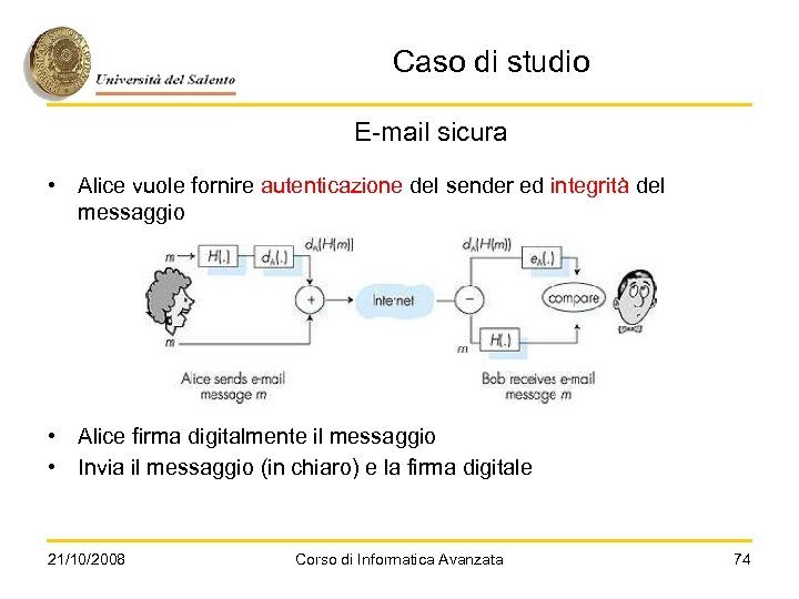 Caso di studio E-mail sicura • Alice vuole fornire autenticazione del sender ed integrità