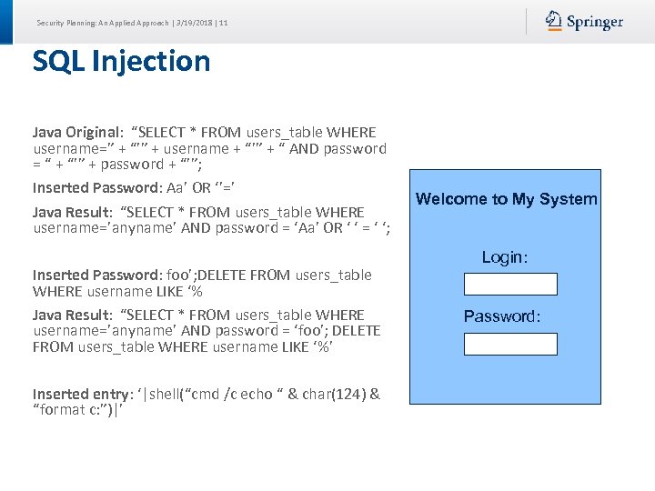 Security Planning: An Applied Approach | 3/19/2018 | 11 SQL Injection Java Original: “SELECT