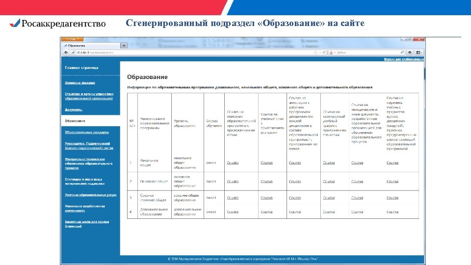 Сгенерированный подраздел «Образование» на сайте 