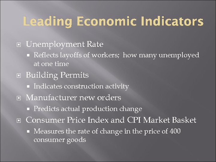 Leading Economic Indicators Unemployment Rate Building Permits Indicates construction activity Manufacturer new orders Reflects