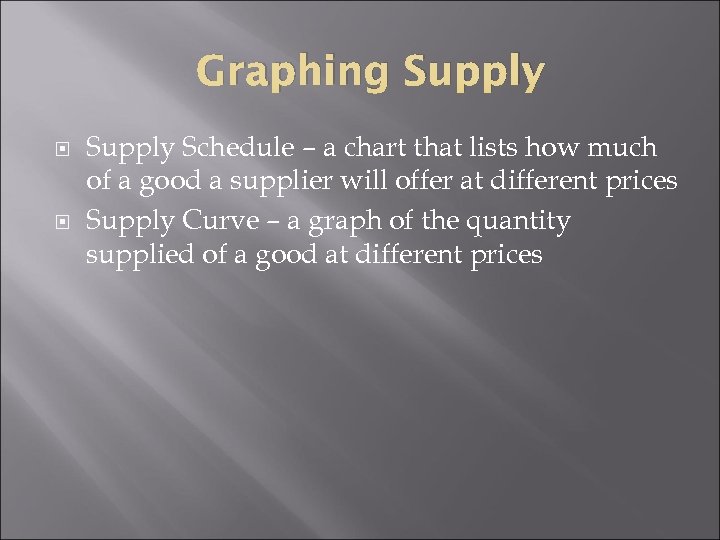 Graphing Supply Schedule – a chart that lists how much of a good a