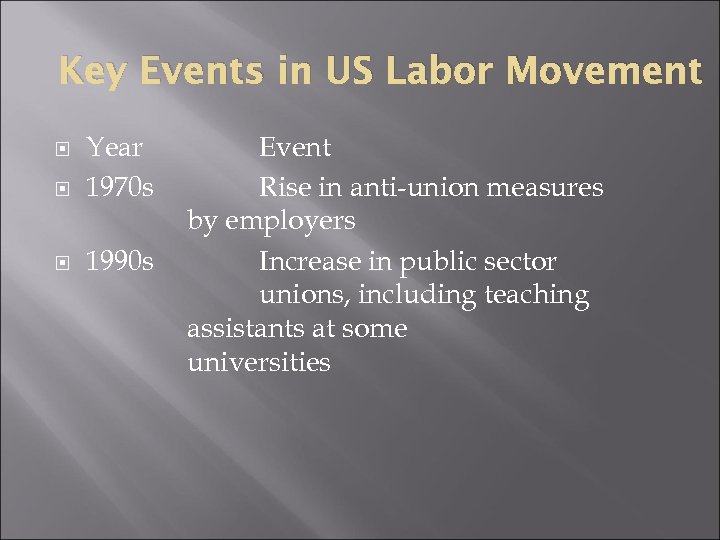 Key Events in US Labor Movement Year 1970 s 1990 s Event Rise in