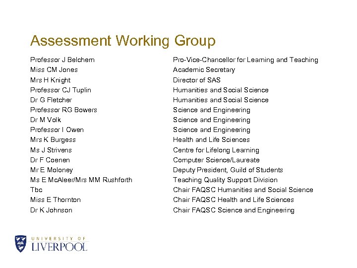 Assessment Working Group Professor J Belchem Miss CM Jones Mrs H Knight Professor CJ