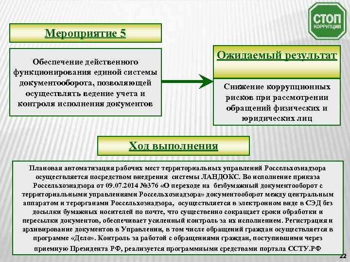 Мероприятие 5 Обеспечение действенного функционирования единой системы документооборота, позволяющей осуществлять ведение учета и контроля