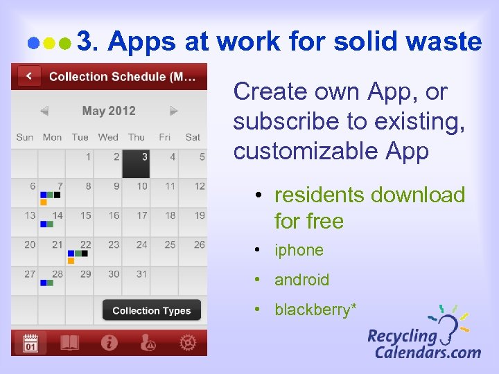 3. Apps at work for solid waste Create own App, or subscribe to existing,