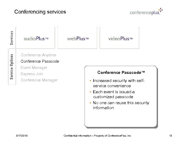 Conferencing services Conference Anytime Conference Passcode Event Manager Express Join Conference Manager 3/17/2018 Conference
