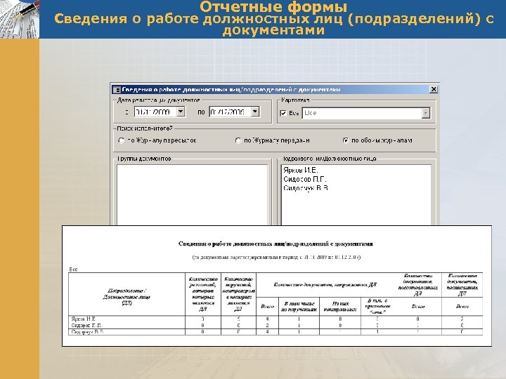 Отчетные формы Сведения о работе должностных лиц (подразделений) с документами 