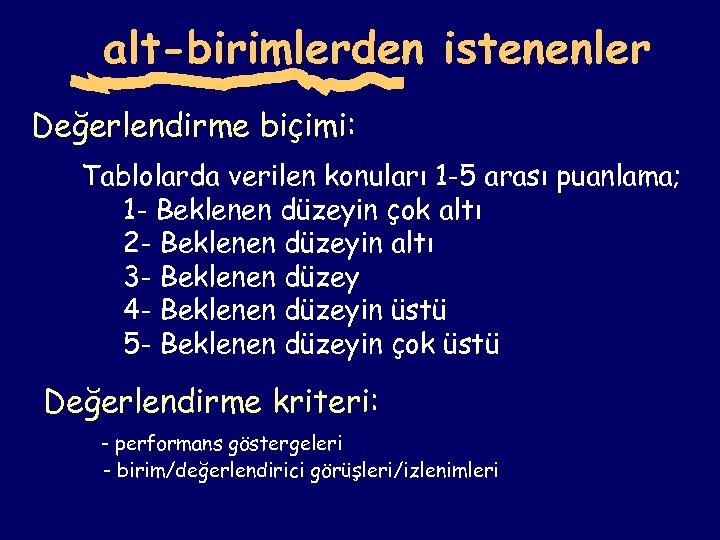 alt-birimlerden istenenler Değerlendirme biçimi: Tablolarda verilen konuları 1 -5 arası puanlama; 1 - Beklenen