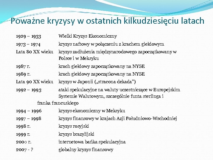 Poważne kryzysy w ostatnich kilkudziesięciu latach 1929 – 1933 Wielki Kryzys Ekonomiczny 1973 –