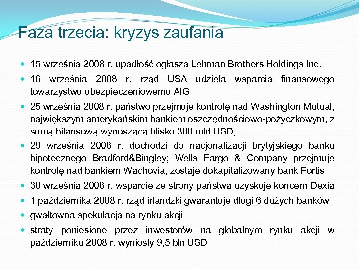 Faza trzecia: kryzys zaufania 15 września 2008 r. upadłość ogłasza Lehman Brothers Holdings Inc.