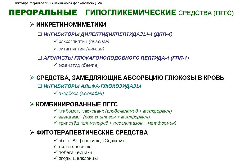 Кафедра фармакологии и клинической фармакологии ДМА ПЕРОРАЛЬНЫЕ ГИПОГЛИКЕМИЧЕСКИЕ СРЕДСТВА (ПГГС) Ø ИНКРЕТИНОМИМЕТИКИ q ИНГИБИТОРЫ