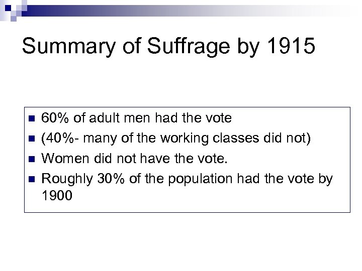 Summary of Suffrage by 1915 n n 60% of adult men had the vote