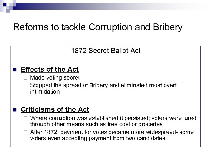 Reforms to tackle Corruption and Bribery 1872 Secret Ballot Act n Effects of the