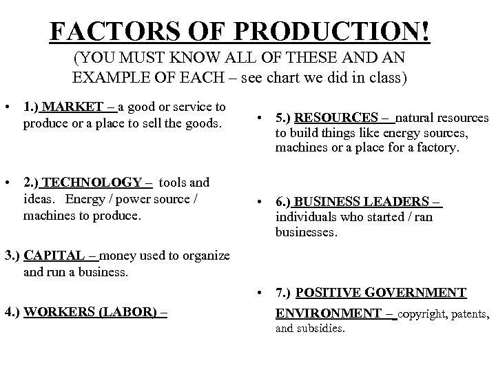 FACTORS OF PRODUCTION! (YOU MUST KNOW ALL OF THESE AND AN EXAMPLE OF EACH