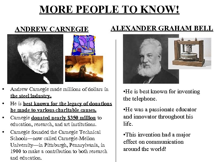 MORE PEOPLE TO KNOW! ANDREW CARNEGIE • • ALEXANDER GRAHAM BELL Andrew Carnegie made