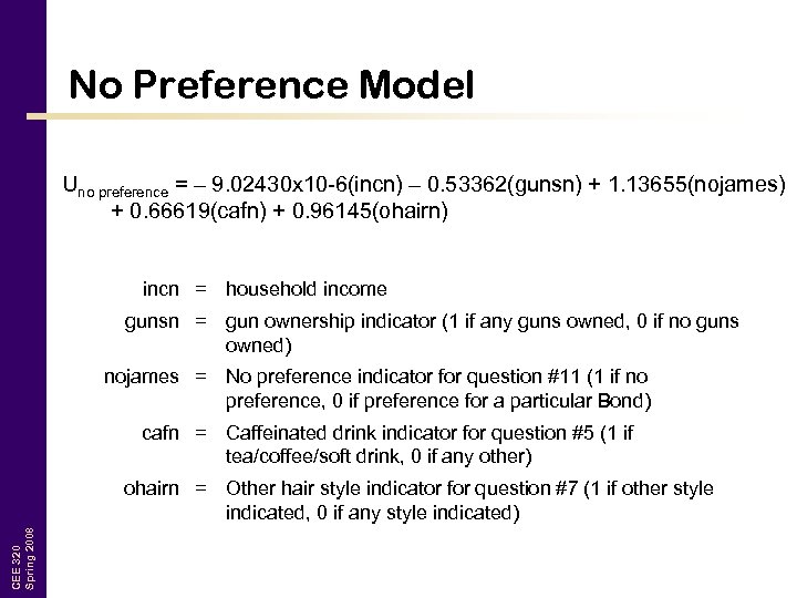 No Preference Model Uno preference = – 9. 02430 x 10 -6(incn) – 0.