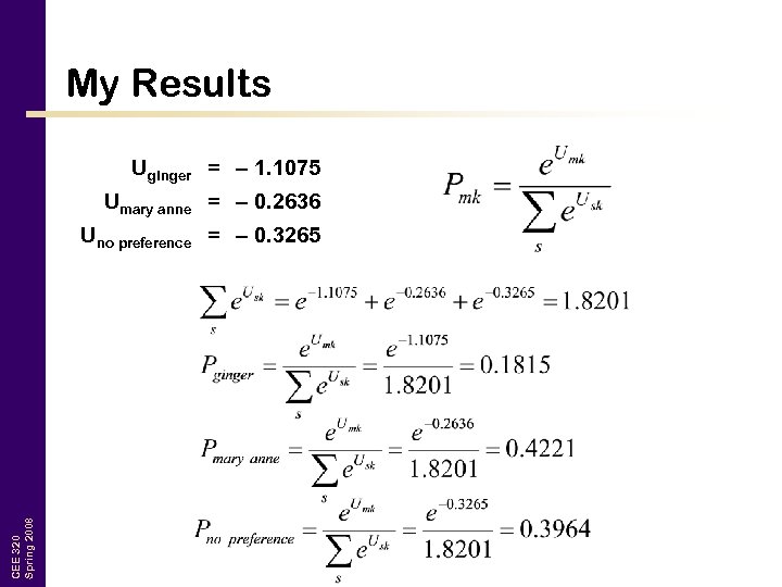 My Results Uginger = – 1. 1075 Umary anne = – 0. 2636 CEE