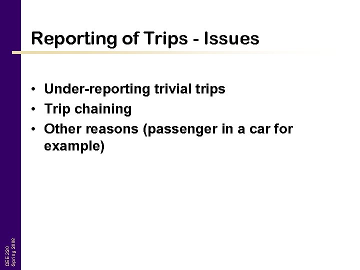 Reporting of Trips - Issues CEE 320 Spring 2008 • Under-reporting trivial trips •