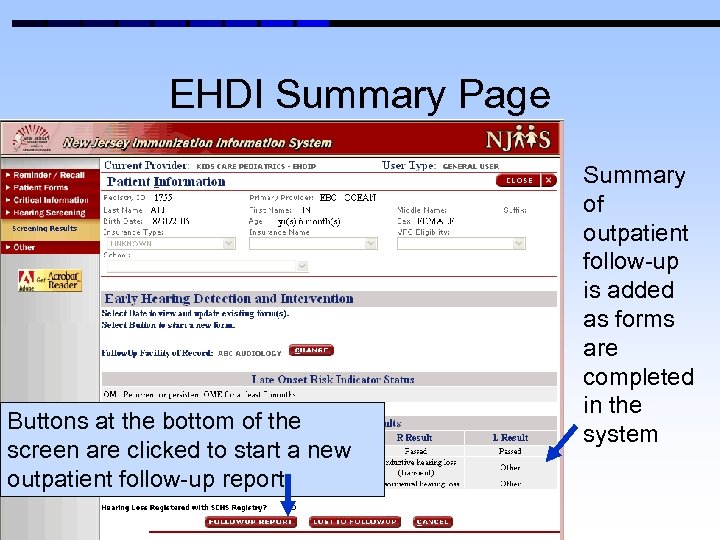 EHDI Summary Page Buttons at the bottom of the screen are clicked to start