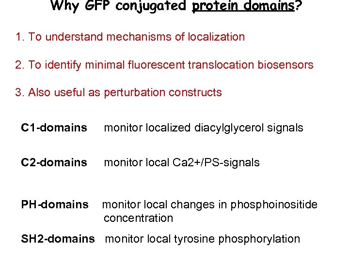 Why GFP conjugated protein domains? 1. To understand mechanisms of localization 2. To identify