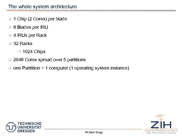 The whole system architecture 1 Chip (2 Cores) per blade 8 Blades per IRU